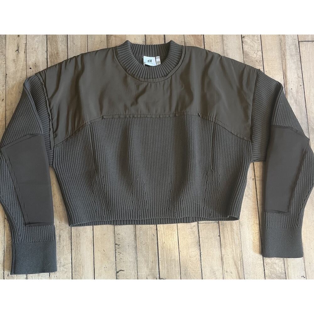 H&M Studio Crop Sweater Womens M Dark Green Ribbed Knit Nylon NWT See Photos